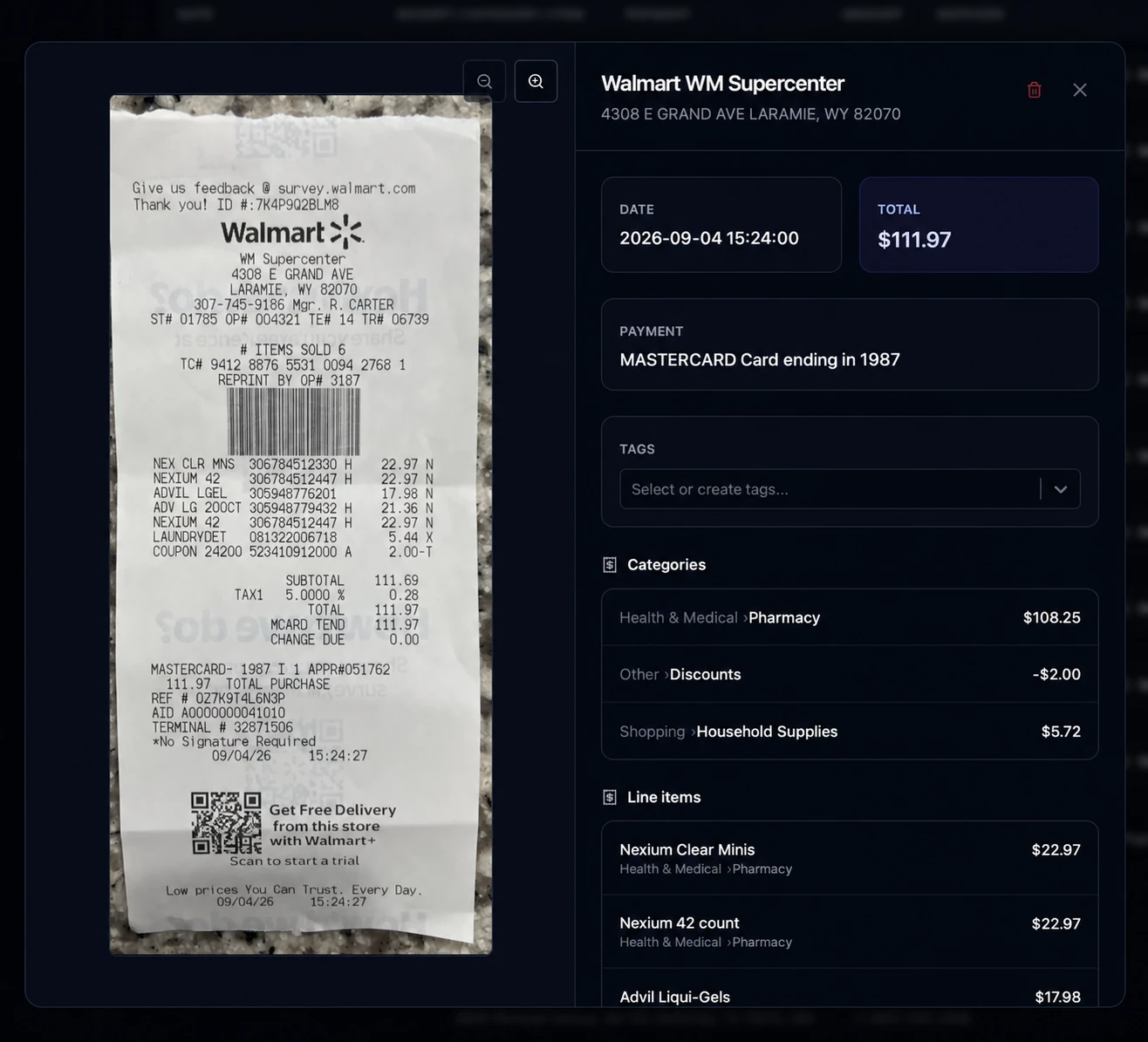 Quaestor Ledger receipt dialog: the photographed receipt on the left, and on the right the store name and address it read, the date and total, how it was paid, a tags field, three category totals, and the line items with a category on each.
