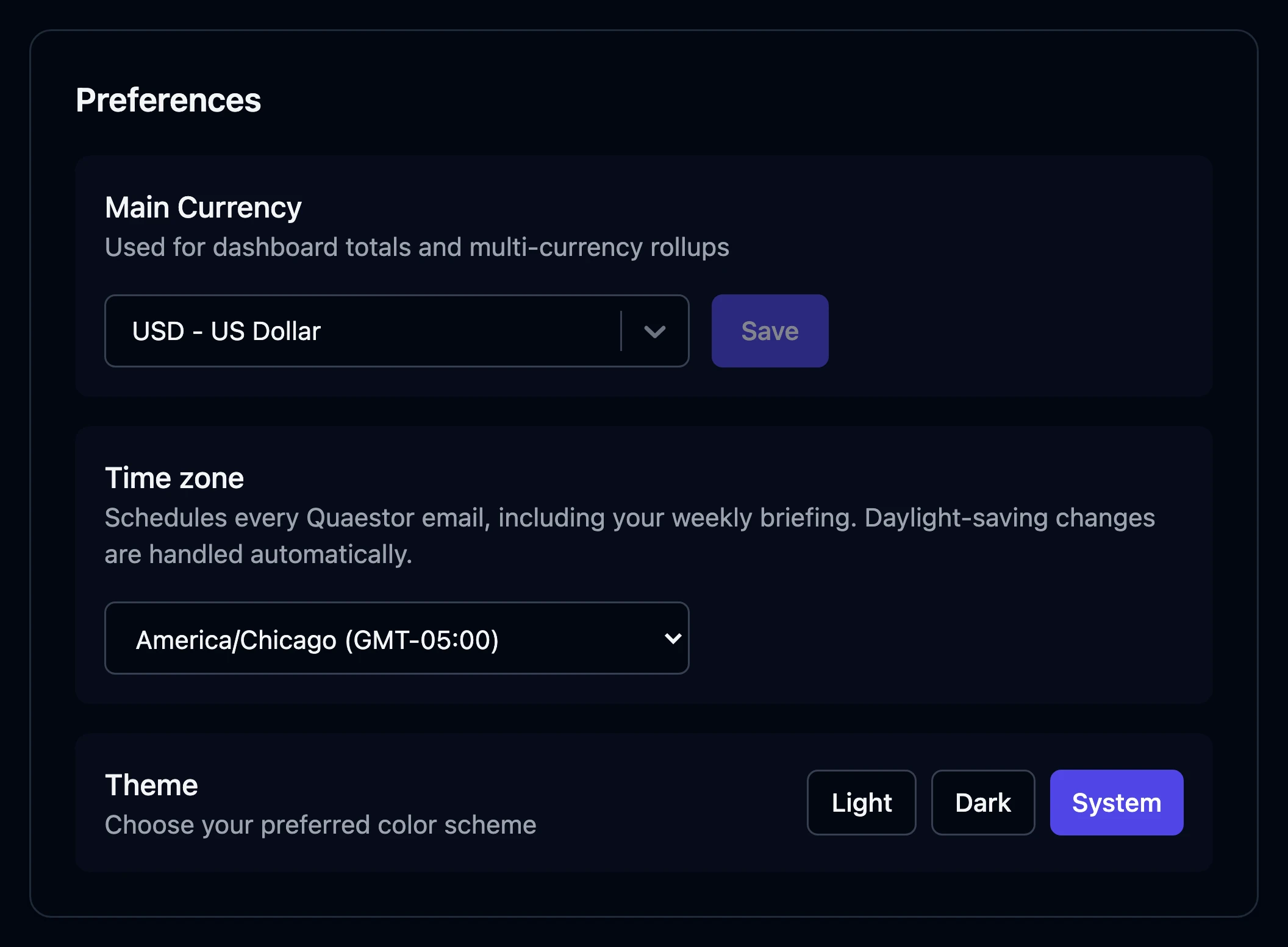 Quaestor Ledger Settings, Preferences panel: Main Currency set to USD - US Dollar with a Save button, the time zone that schedules every email, and the Light, Dark and System theme choice.