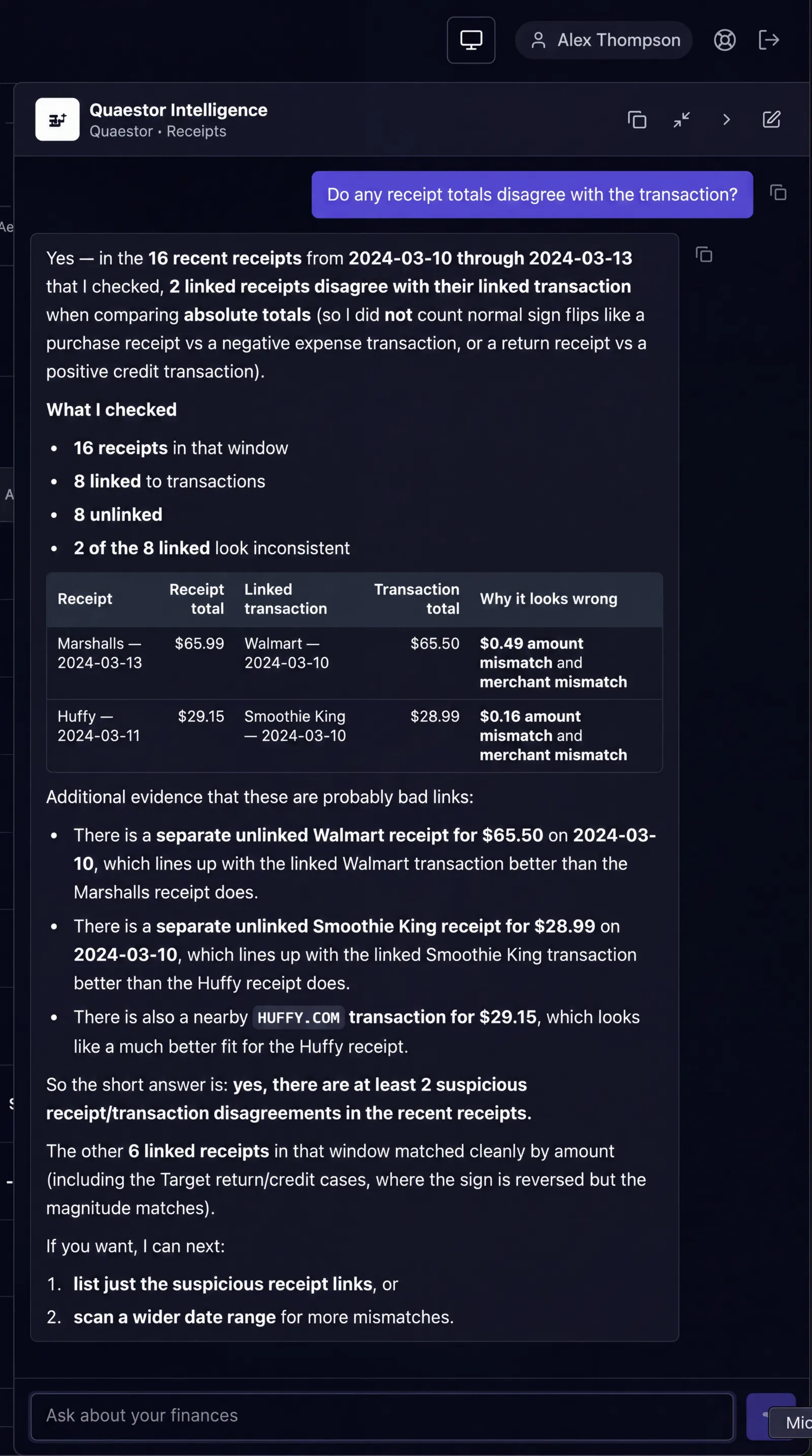 Quaestor Intelligence answering a receipt and transaction matching question in chat.