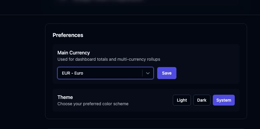 Quaestor Ledger preferences panel for choosing the main currency.
