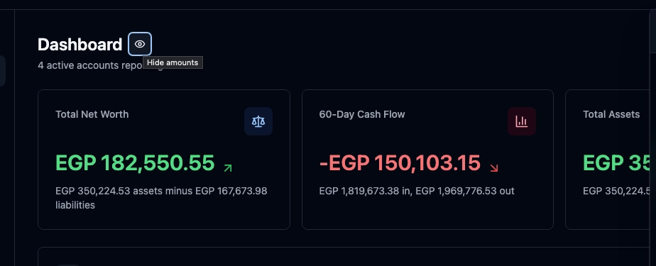 Quaestor Ledger dashboard showing EGP net worth and cash-flow totals.