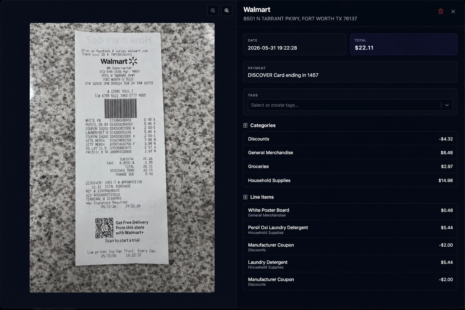 Quaestor Ledger receipt detail view with AI-extracted merchant, categories, and line items.